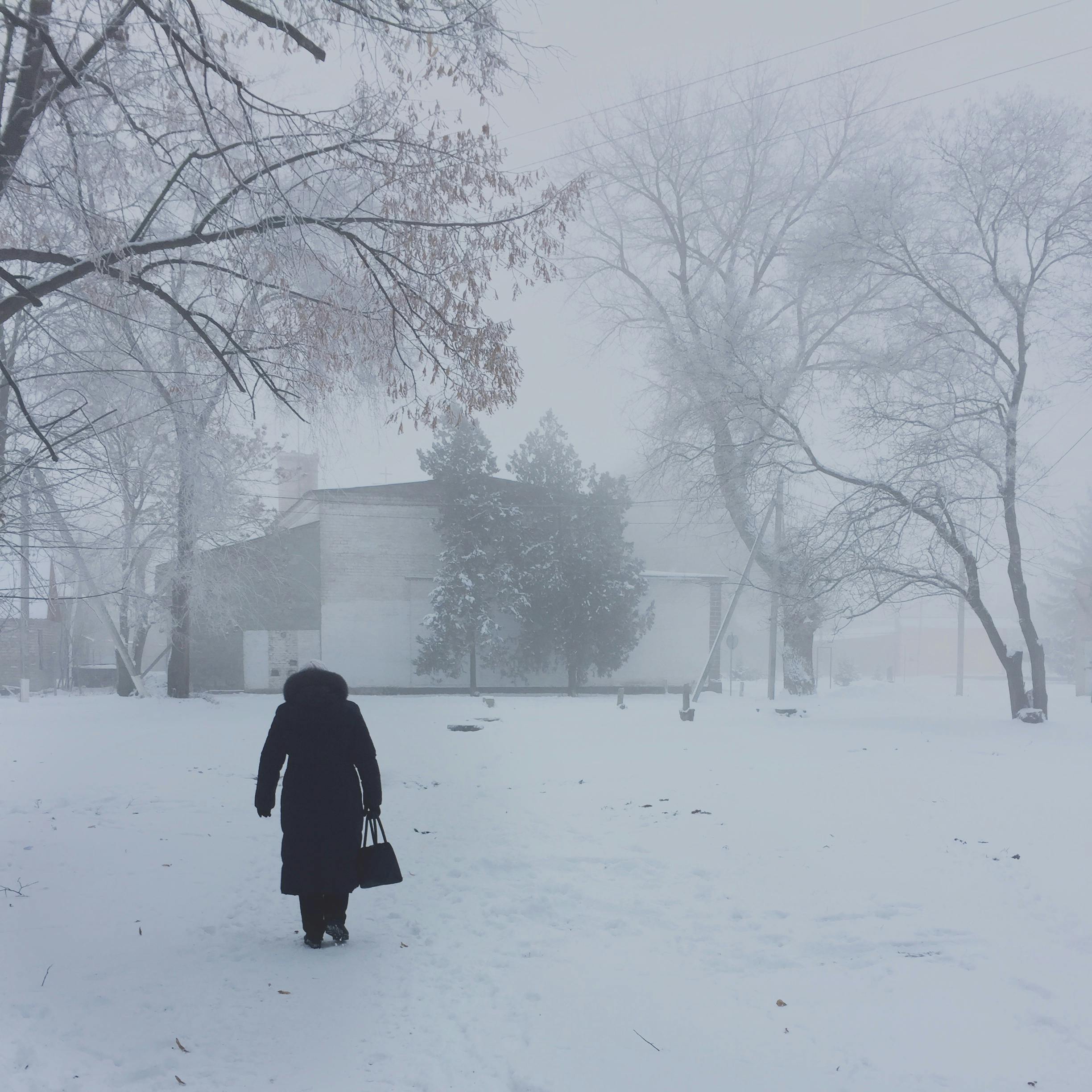 A solitary person walks through a snow-covered park on a cold winter day.