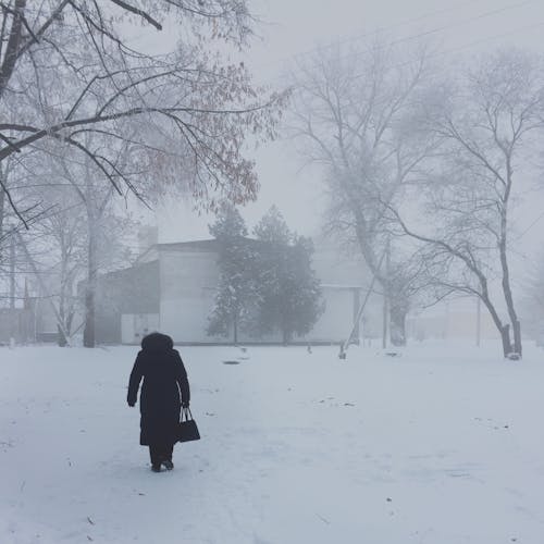 A Man Walking on the Snow Field