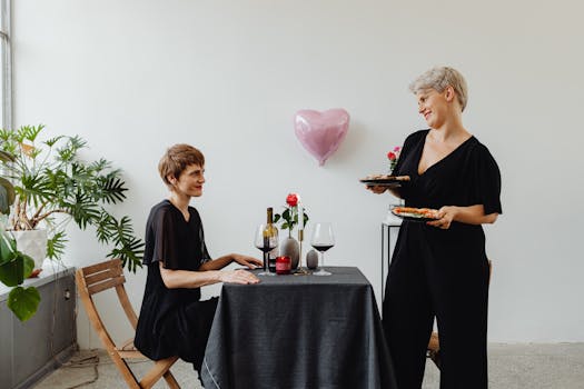 Two women enjoying a romantic dinner with wine at a decorated table, showcasing love and elegance.