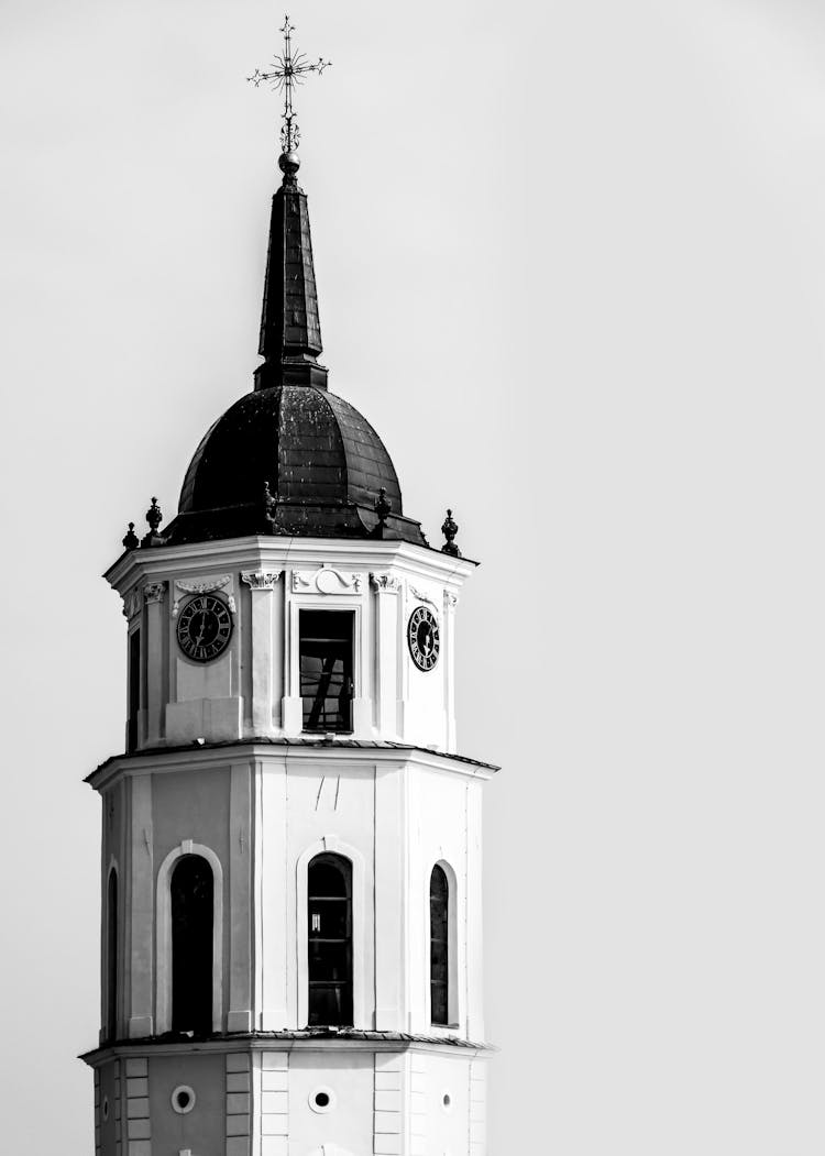 White Black Church Clock Tower