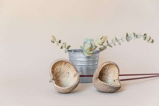 Still Life with Dry plants and a Metal Bucket against Beige Background