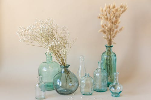 Studio Shot of Bunnytails and Wildflowers in Transparent Glass Bottles