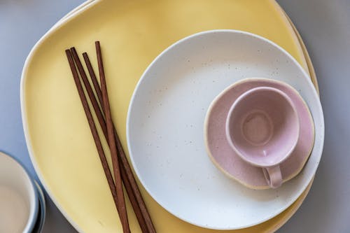 Ceramic Plates and Cup With Chopsticks 