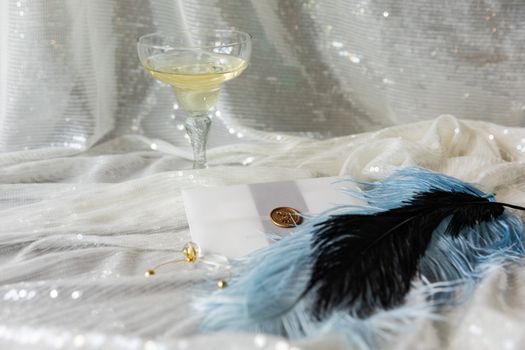 Black and White Feather on Clear Wine Glass