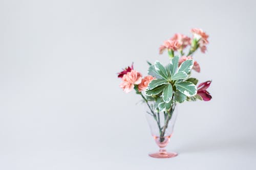 Flowers with Leaves in the Glass Vase