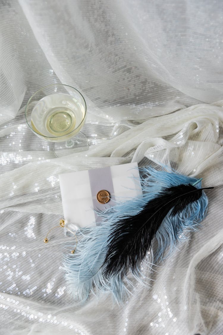 Sealed Envelope And Large Feather Lying On White Fabric