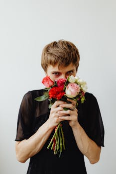 Person holding and smelling a vibrant bouquet of roses and carnations against a white background.