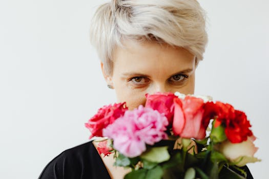 A woman with short platinum hair, partially concealed by a colorful flower bouquet, expressing serenity.