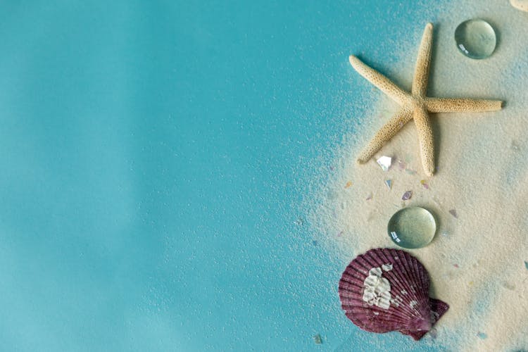 Studio Shot Of A Starfish, A Seashell, Marbles And Some Sand