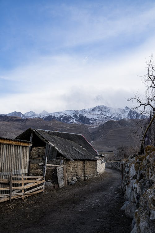 Brown Wooden House Near Brown Trees and Mountains