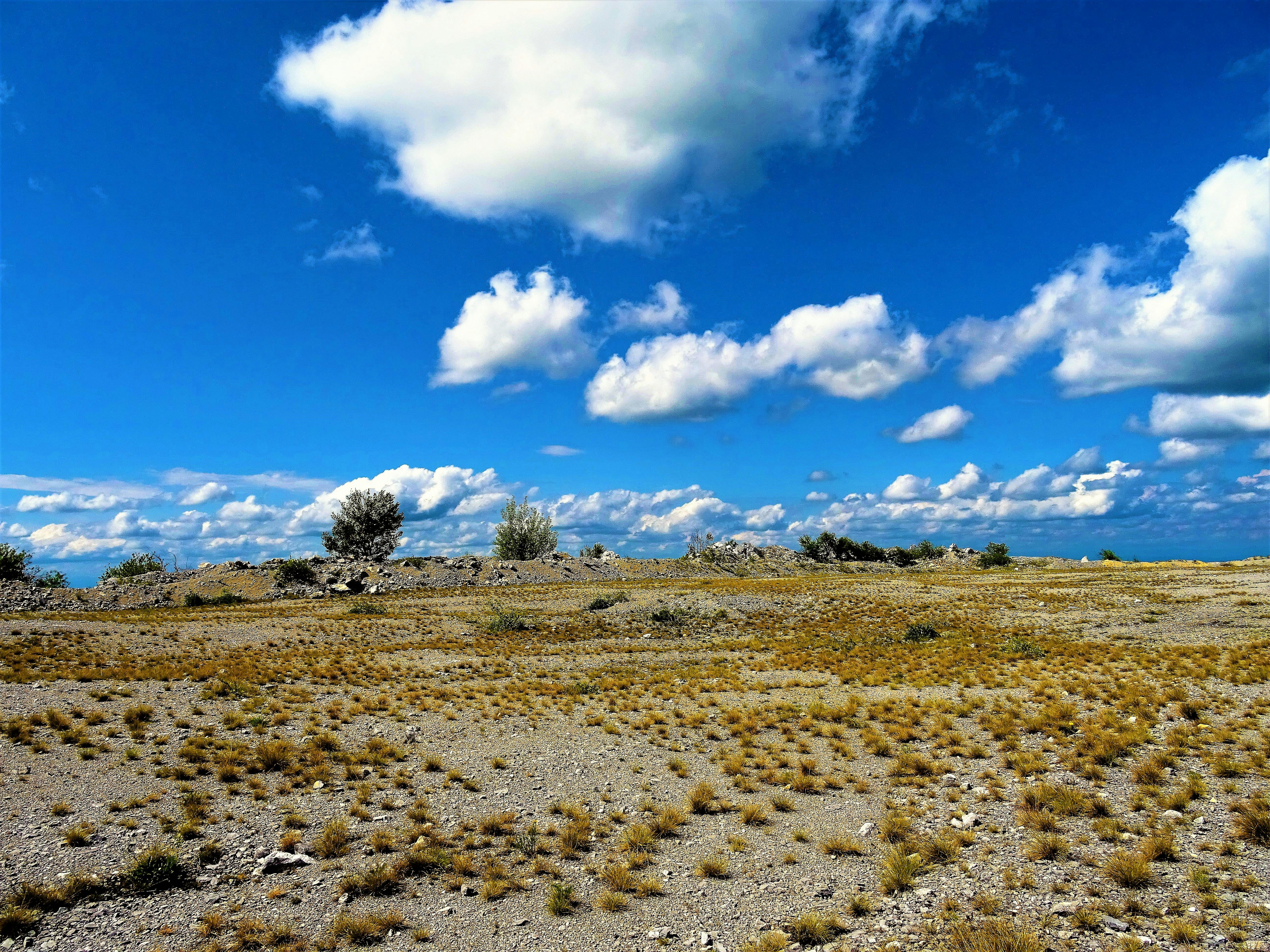 在点缀着蓬松云朵的蓝天下，探索广阔的干旱地形