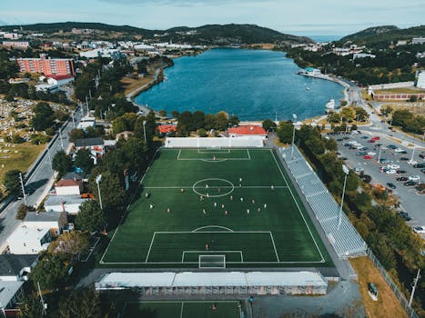 Aerial view of a soccer field by a scenic waterfront with players and surrounding cityscape.