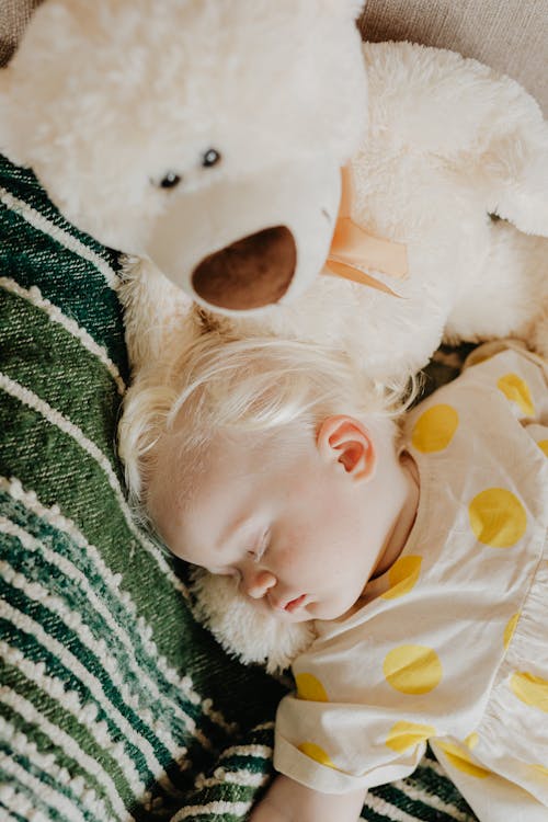 Free Overhead Shot of a Child Sleeping Near a Stuffed Toy Stock Photo