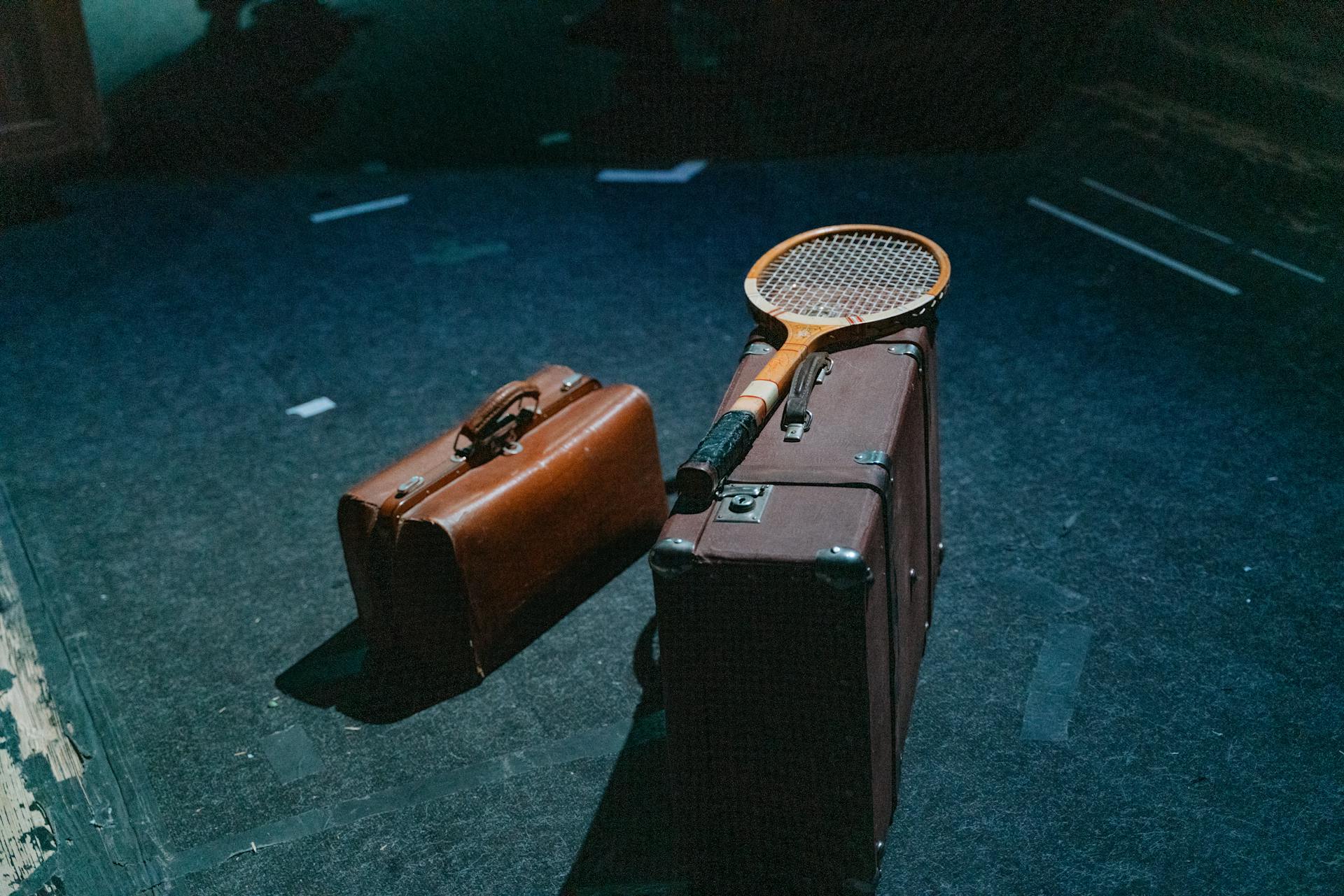 Classic leather bags and a tennis racket on a dark indoor surface, evoking vintage travel vibes.