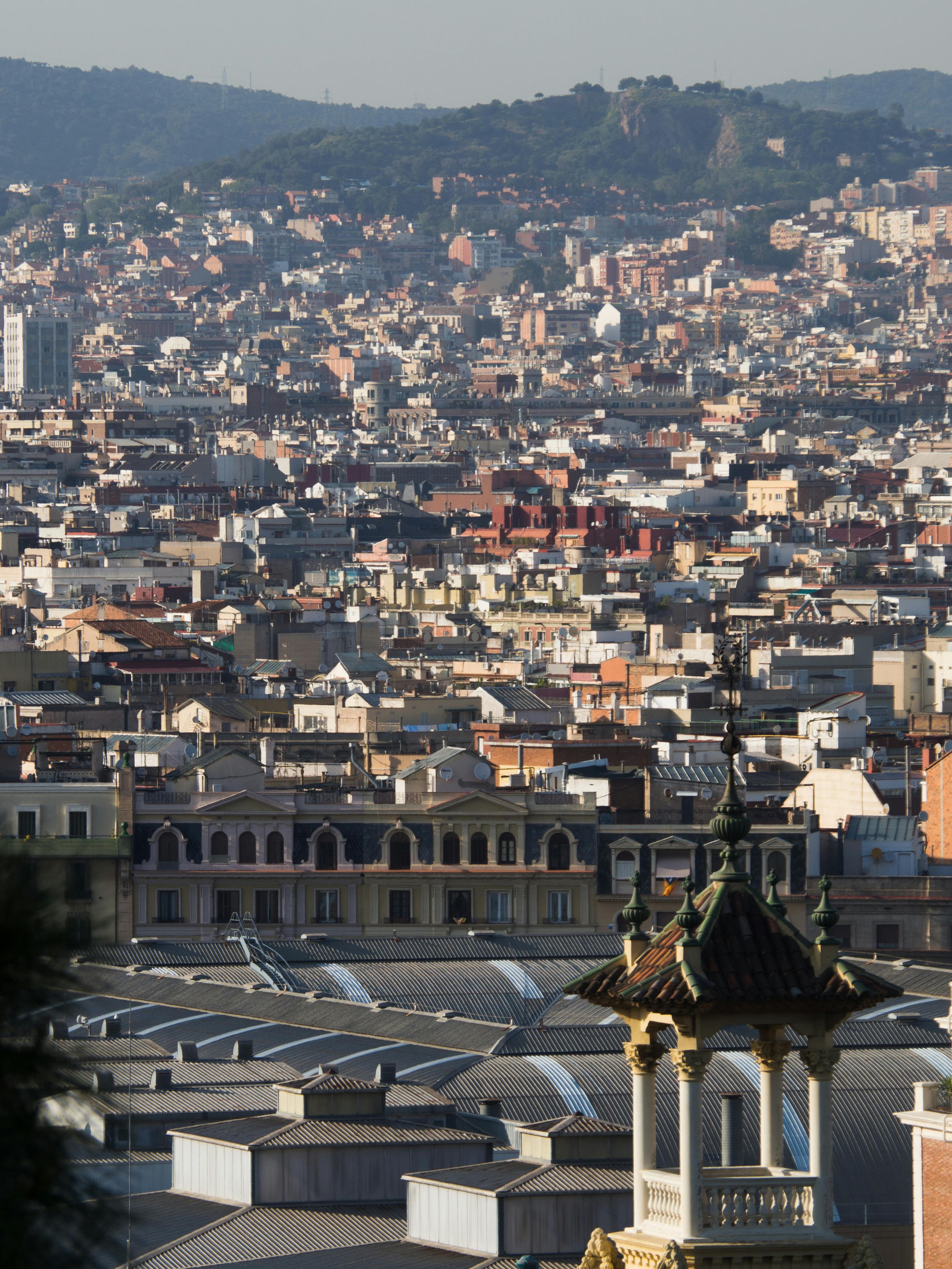 Panoramic view of Barcelona's urban landscape, highlighting historic architecture and mountain backdrop.