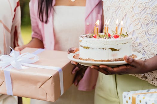 Close-up of a birthday cake with lit candles and a wrapped gift held by women during a celebration.