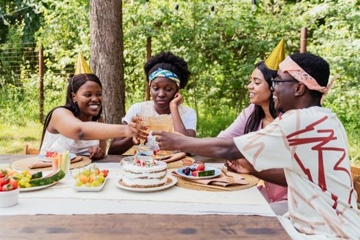 A joyful outdoor birthday party with friends sharing a toast and enjoying cake.