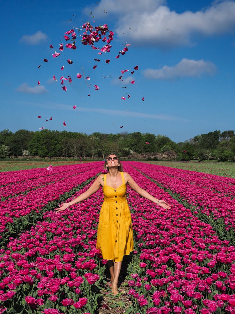 A Woman Looking At The Falling Flower Petals