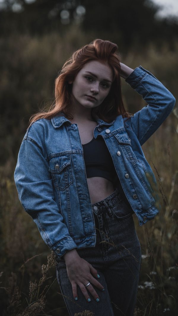 Woman in a denim jacket in a field at dusk, by NIKITA POLYAKOV on Pexels