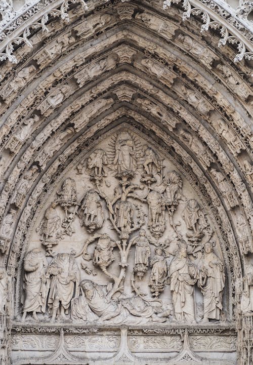 Close up of a Gothic Church with Arch and Decorative Relief
