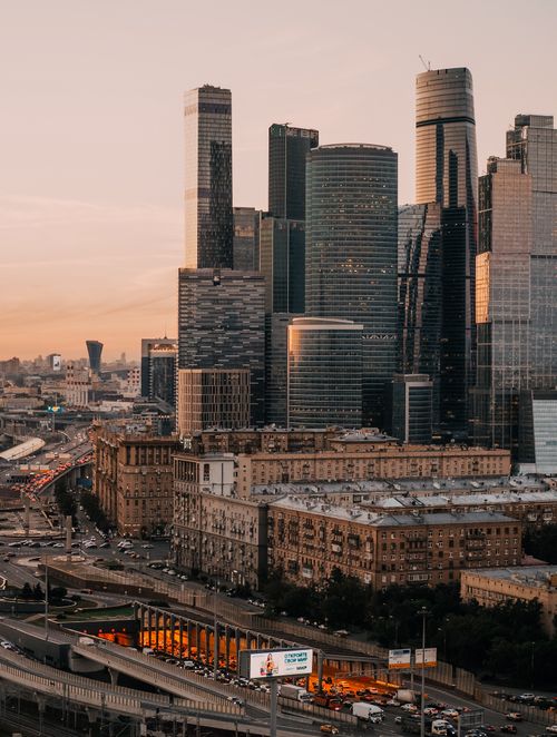 Free A stunning aerial view of Moscow City skyscrapers during sunset in Russia's business district. Stock Photo