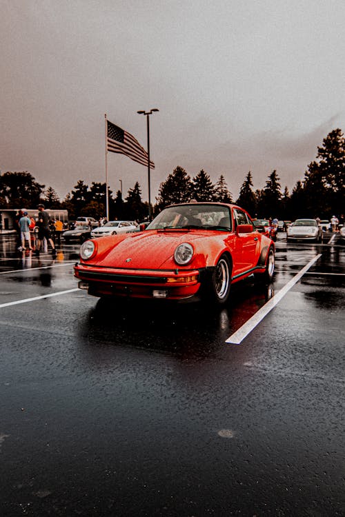 Parked Red Sportscar on the Parking Lot