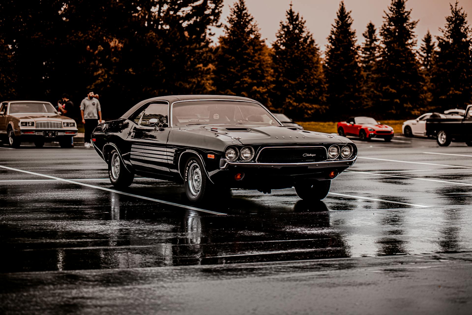 Black vintage car in a wet parking lot, surrounded by trees and classic vehicles under a moody sky.