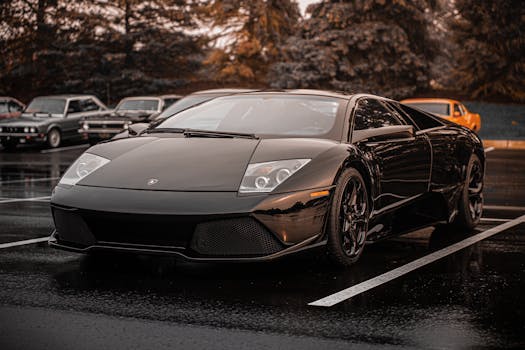 Luxurious black Lamborghini coupe parked in an outdoor lot.