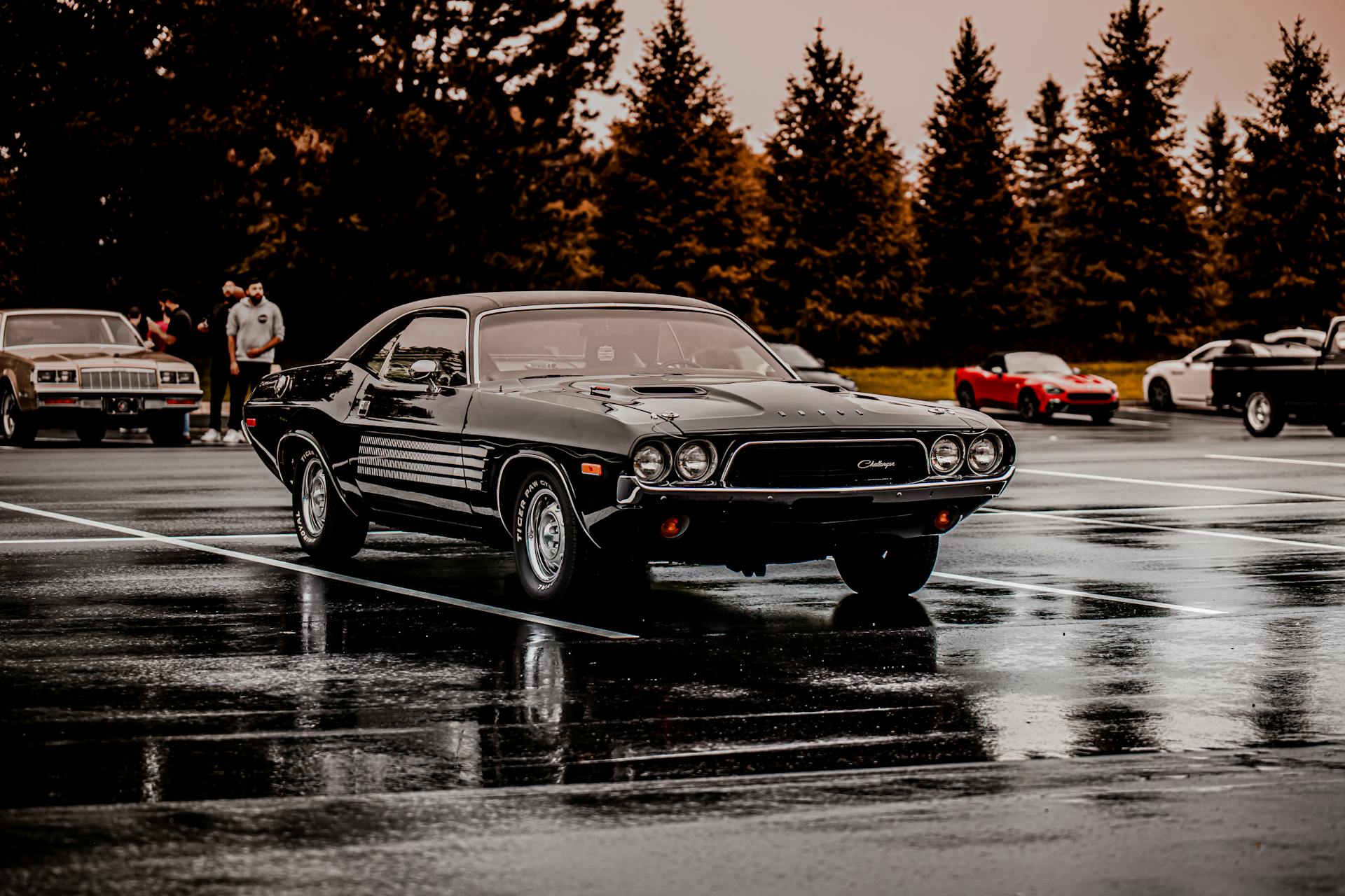 Vintage black Challenger parked on wet pavement with trees and cars in the background, under an overcast sky.