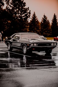 Classic Dodge Challenger parked outdoors on a rainy day with reflections on wet asphalt.