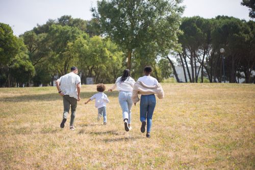 Free Cheerful family walking together in a sunny park surrounded by trees. Stock Photo