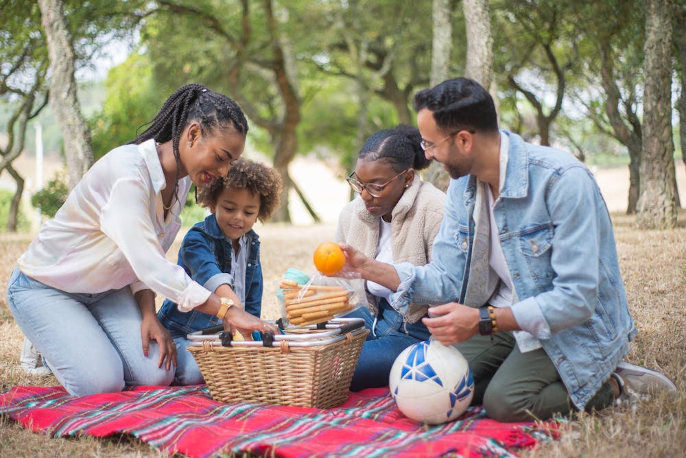 Family having picnic outdoors in a park
