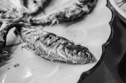 Grayscale Photo of Fish on White Ceramic Plate