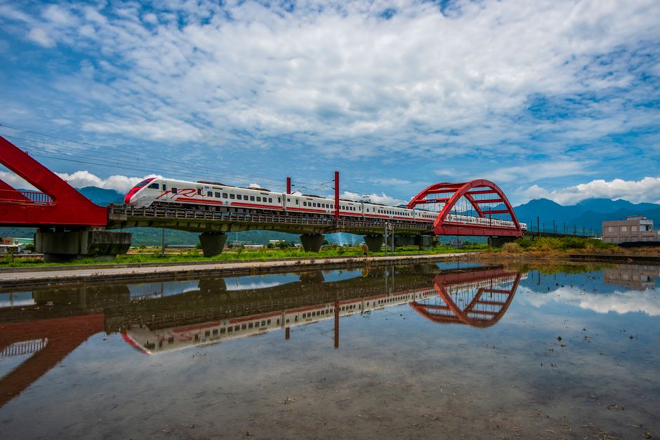 Taiwan High Speed Rail (THSR) train speeding through the Taiwanese countryside