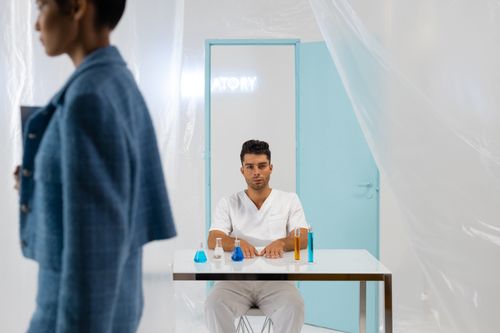 Free A man seated in a lab setting with colorful liquids in glassware, while a woman walks by. Stock Photo
