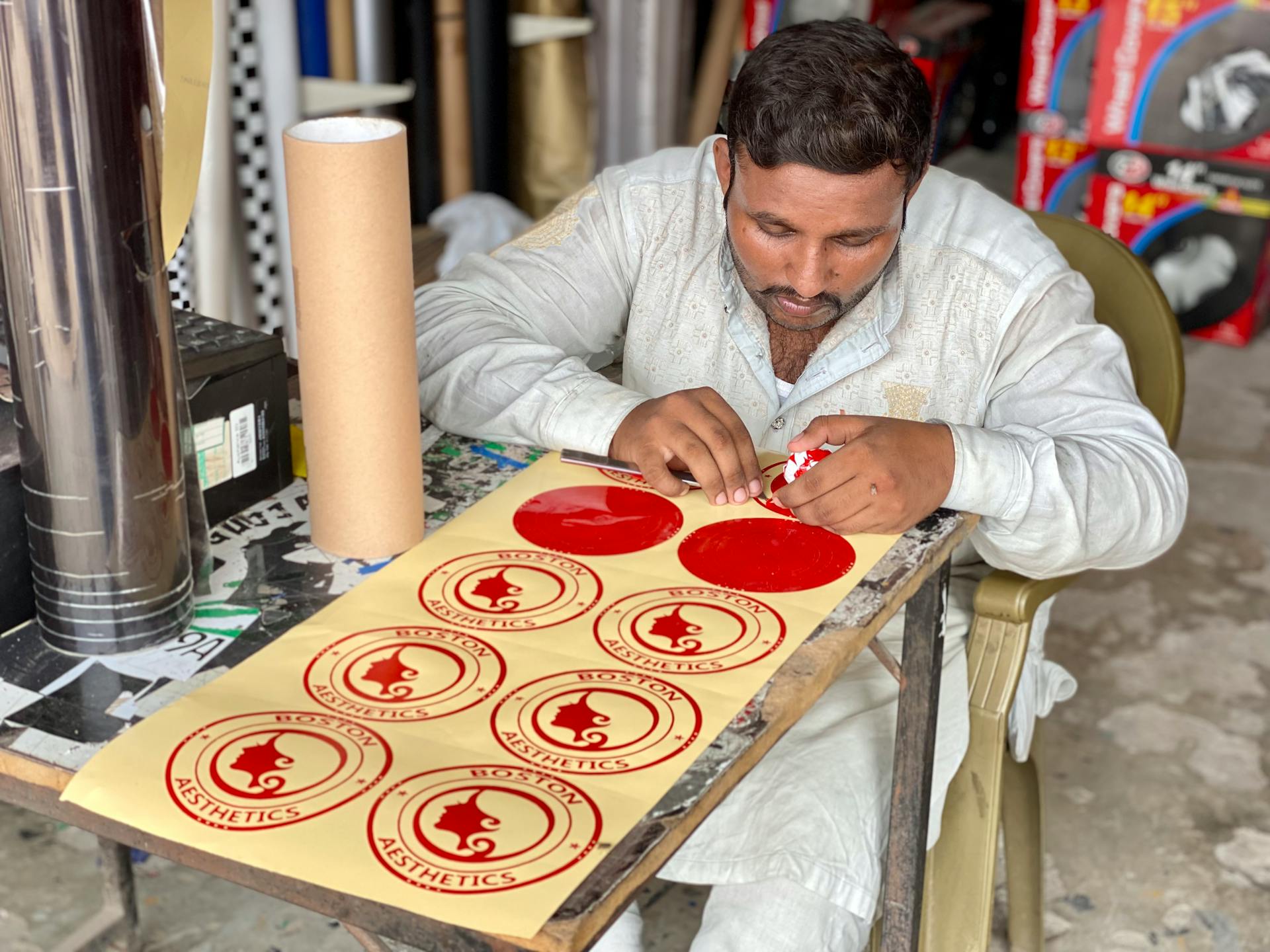 Artisan focuses on creating custom stickers at a workshop table.