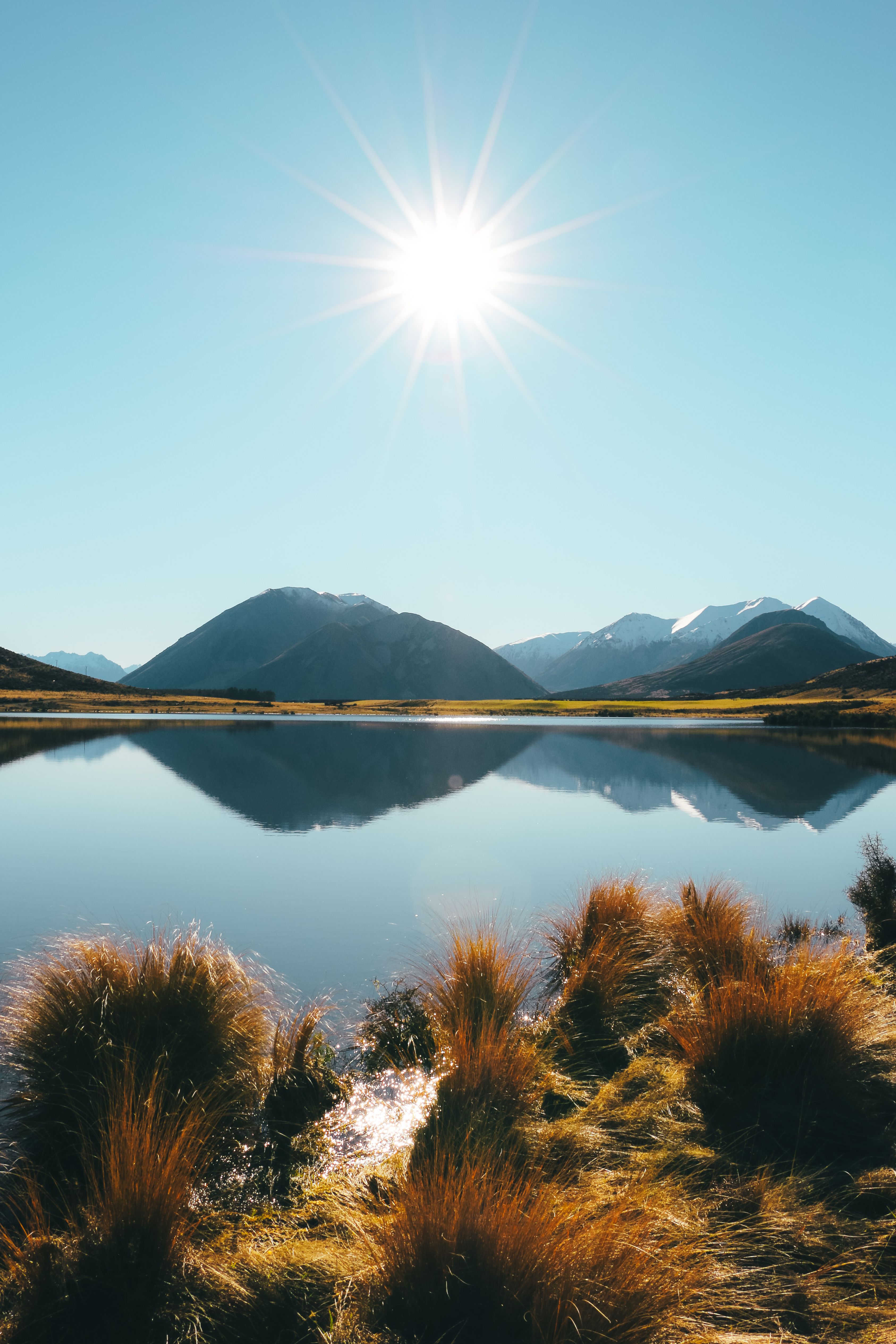 Calm New Zealand lake reflecting snow-capped mountains