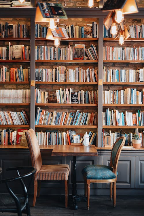 Free Books on Brown Wooden Shelves Stock Photo