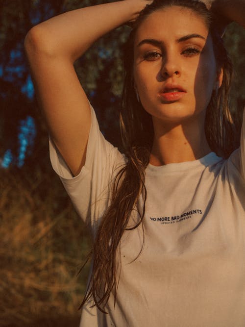 Woman in White Crew Neck T-shirt