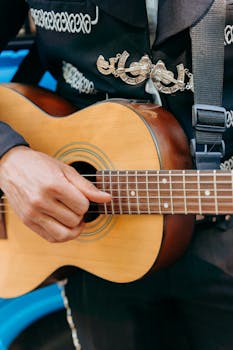 A mariachi musician plays a guitar in traditional attire, focusing on hand and instrument.