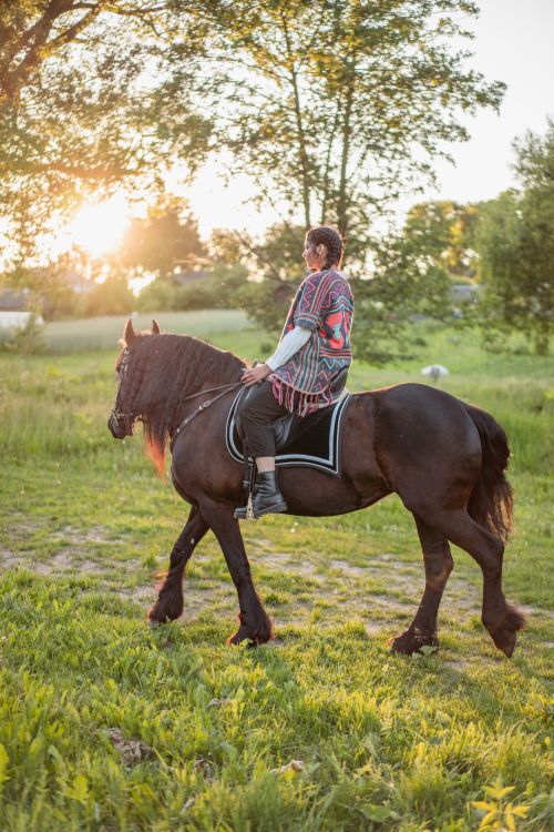 Free A woman in traditional attire rides a horse through a sunlit meadow capturing a serene outdoor moment. Stock Photo