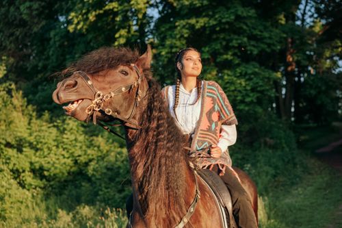 Free A woman in traditional attire rides a horse through the lush countryside. Stock Photo