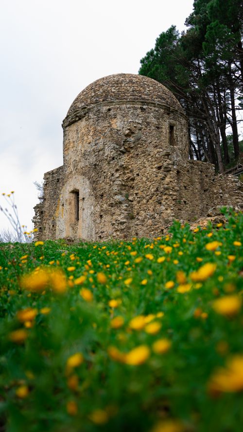Free Low-angle view of a historic stone monastery surrounded by vibrant wildflowers and trees. Stock Photo