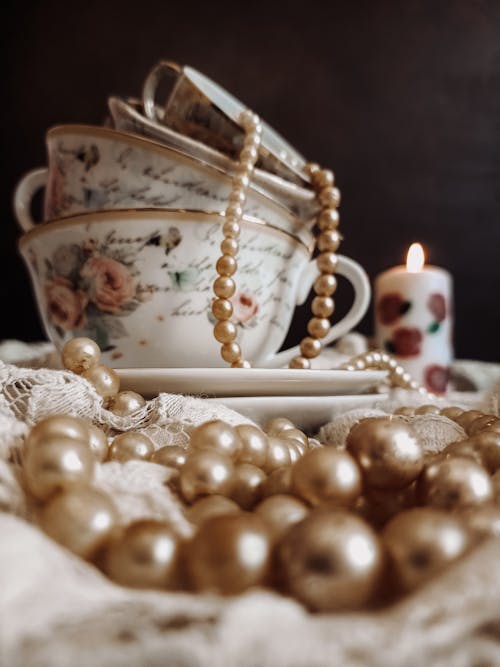 Pearls and Antique Tea Cups