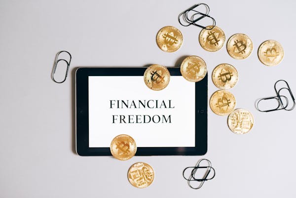 tablet showing typed words “financial freedom” with crypto-coins