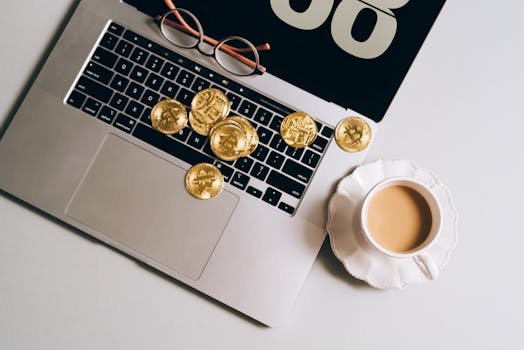 A laptop with bitcoin coins and a coffee mug, symbolizing cryptocurrency trading.