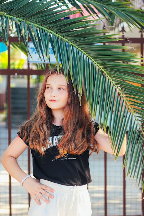 Foto profissional grátis de camisa preta, folha de palmeira, garota