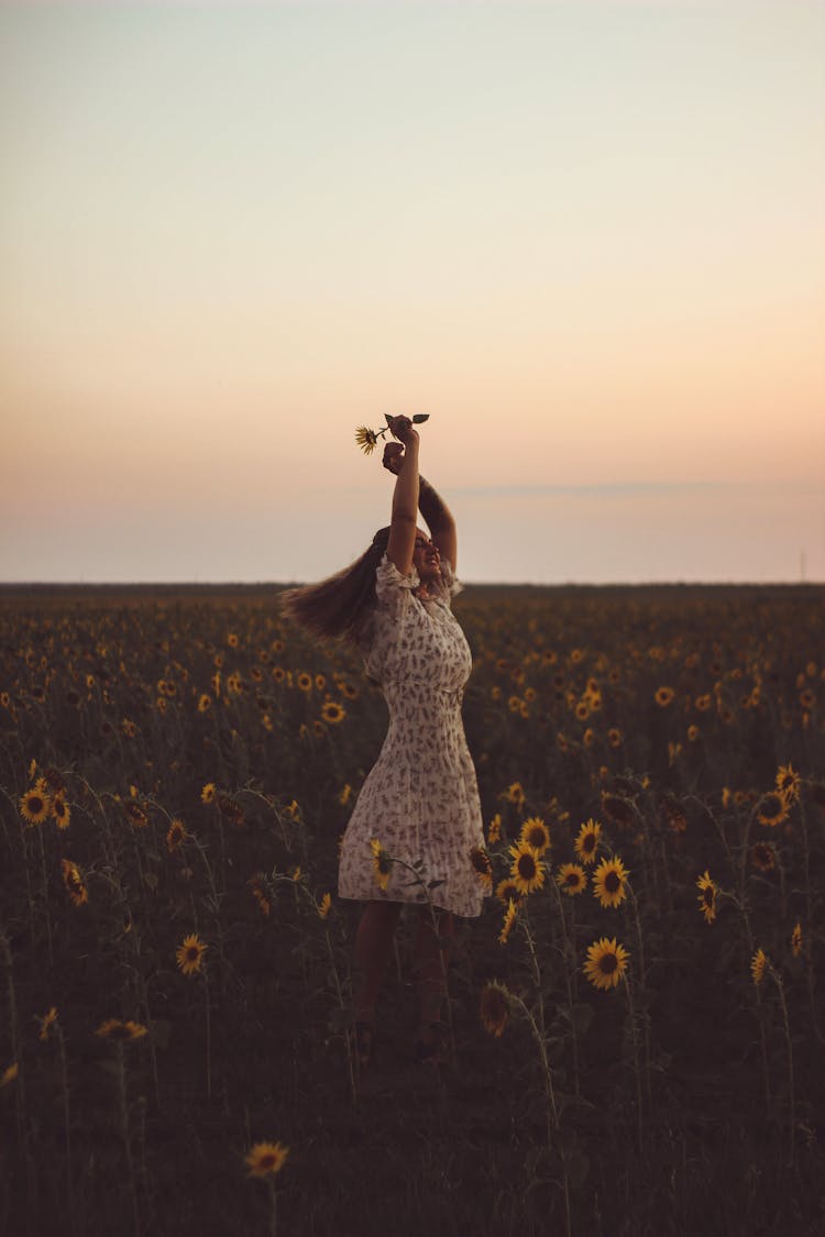 Woman In The Middle Of A Sunflower Field