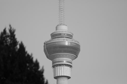 Grayscale Drone Shot of the Central Radio and TV Tower