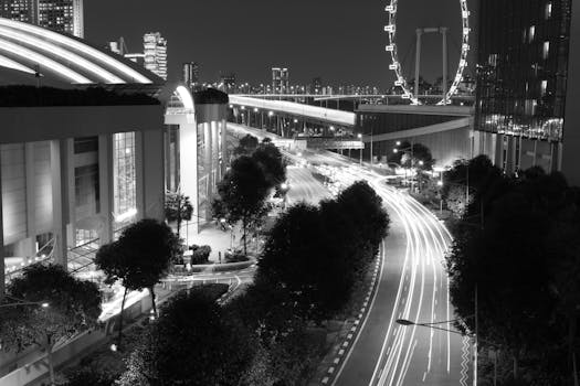 Dramatic black and white photo capturing a vibrant city at night with light trails.